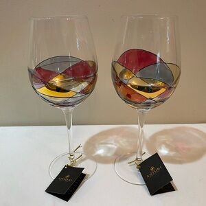 Santoni Painted Wine Glasses in Red, Gold & Gray Swirl